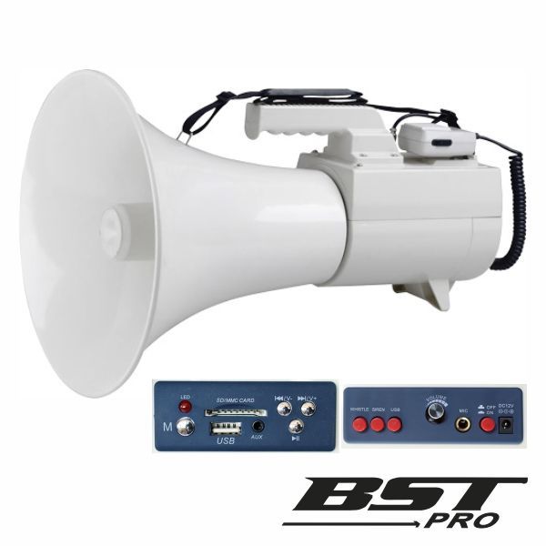 BST Megafone 45W C/Mic Removível MP3 12V USB/SD 2 Alertas