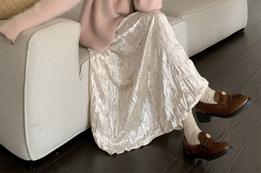 Duwnie - V-hals effen trui met strik en split / Hoge taille effen fluwelen maxi-A-lijn rok
