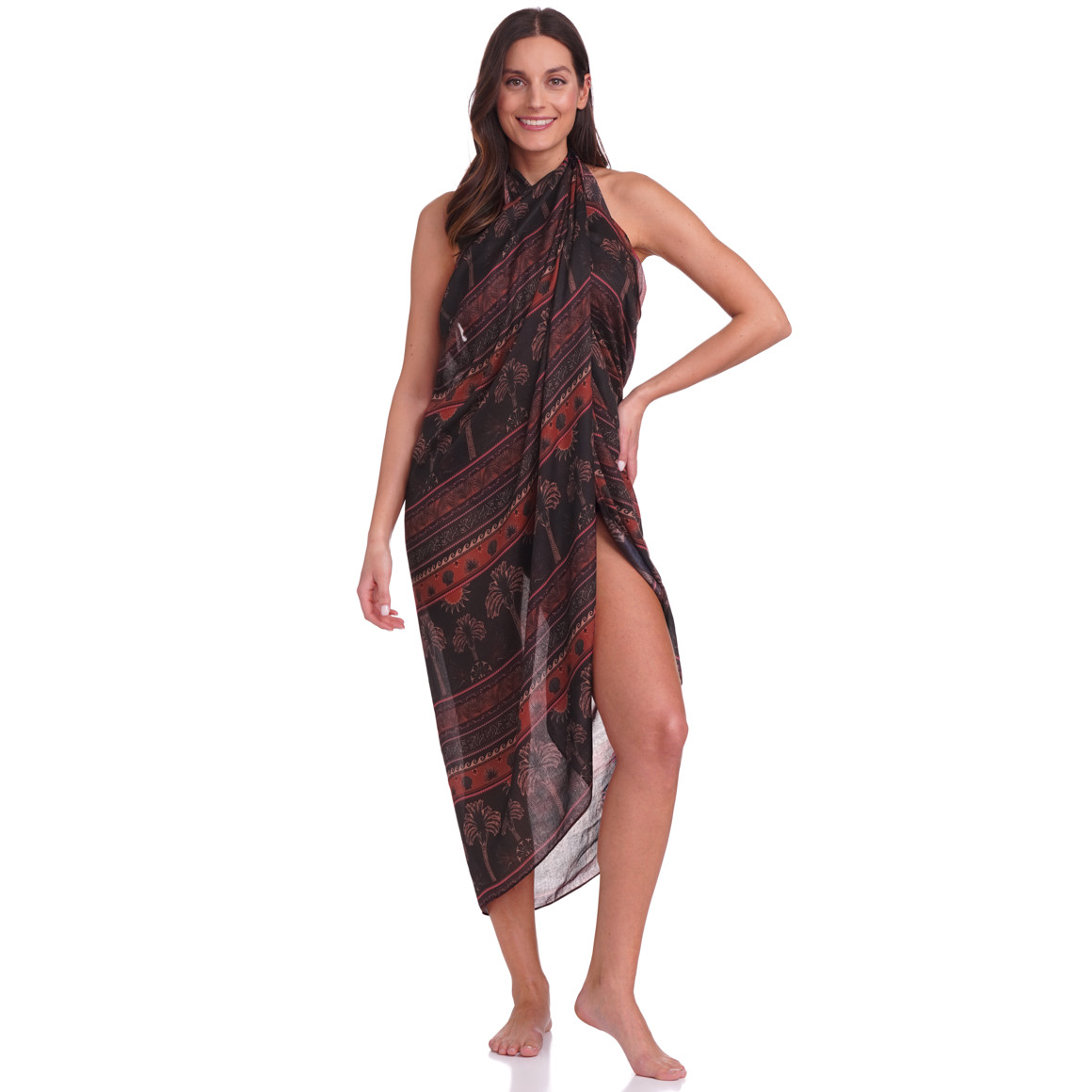 Gina Benotti Damen Tuch mit Palmen allover schwarz / dunkelrot / pink