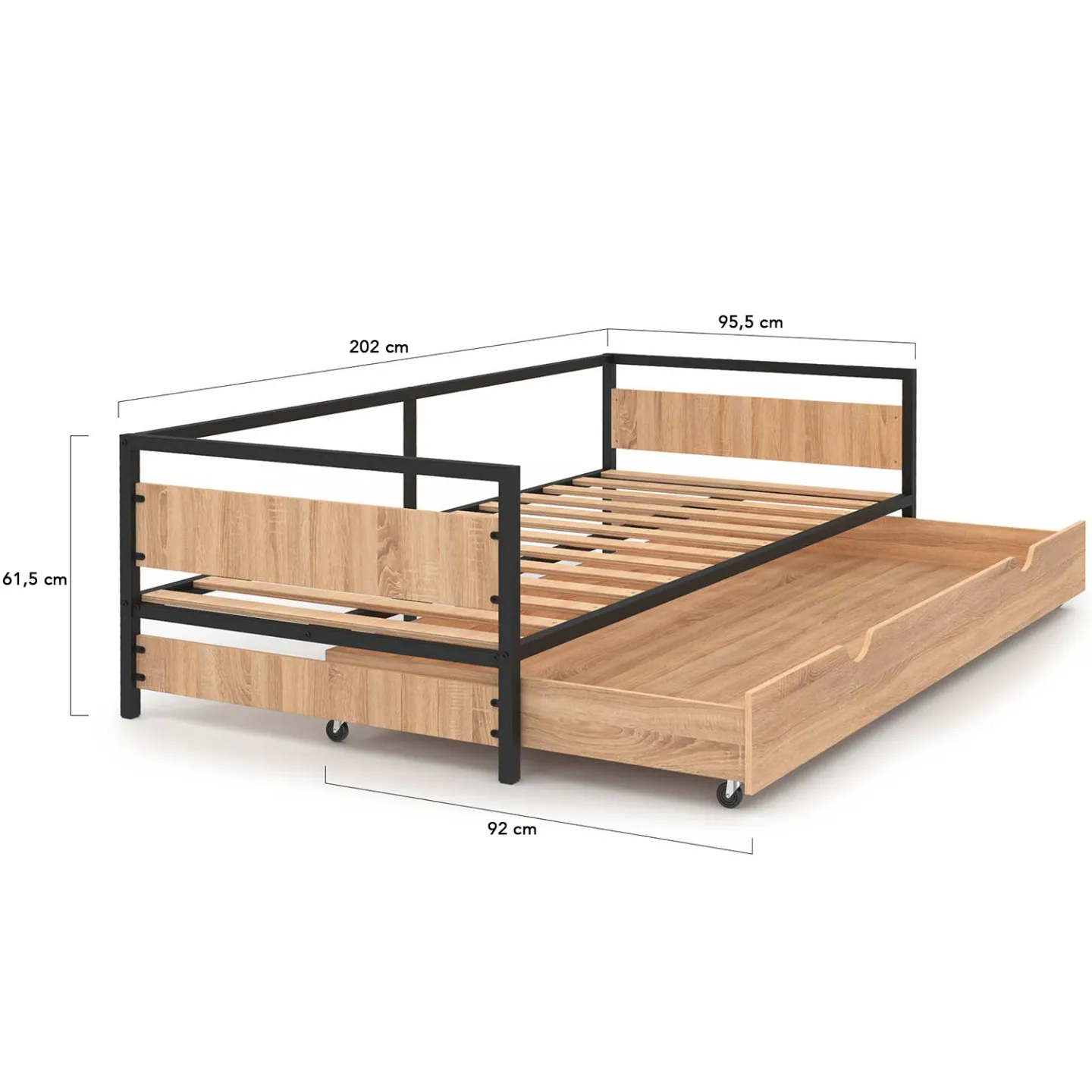 Lit enfant DETROIT 90 x 190 cm avec tiroir gigogne et rangement style industriel