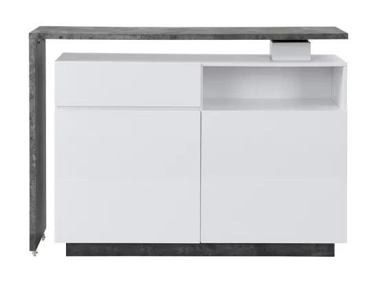 Meuble de bar pivotant avec 2 portes, 1 tiroir et 1 niche en MDF - Blanc laqué et Béton - ELDIR