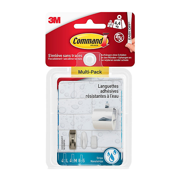 Assortiment de languettes adhésives salle de bains Command (8 petites languettes, 4 languettes moyennes, 4 grandes languettes)