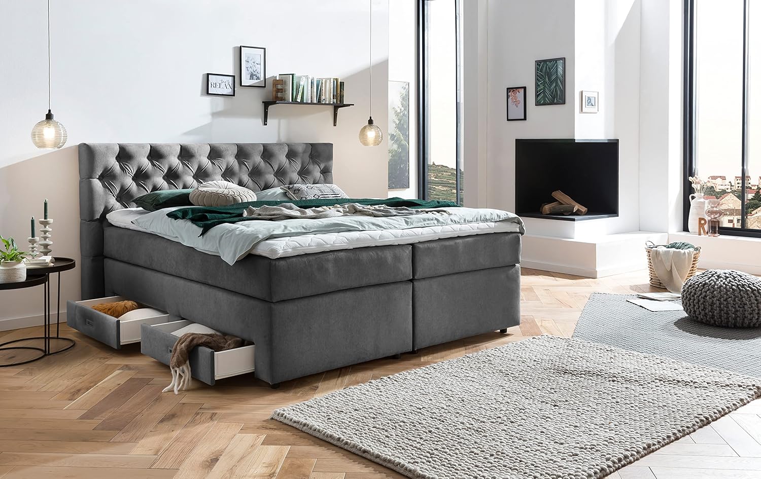 Belanoti ® Lara Boxspringbett 160x200 mit 4 Schubladen Stauraum Bett 160x200 mit Bettkasten in der Farbe Dunkelgrau H2/H3 Chesterfield Kopfteil 7-Zonen Taschenfederkern Matratze inkl. Visco Topper