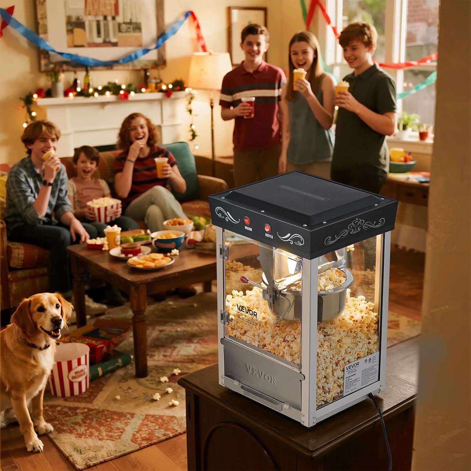 VEVOR Popcornmaschine mit Edelstahlkessel, 800 W kommerzieller Popcornmaker, 48 Tassen pro Ladung, Kinostil, mit 2-Tasten-Bedienung, Glaswand, PC-Tür, 1 Portionierer, 3 Löffel, Schwarz