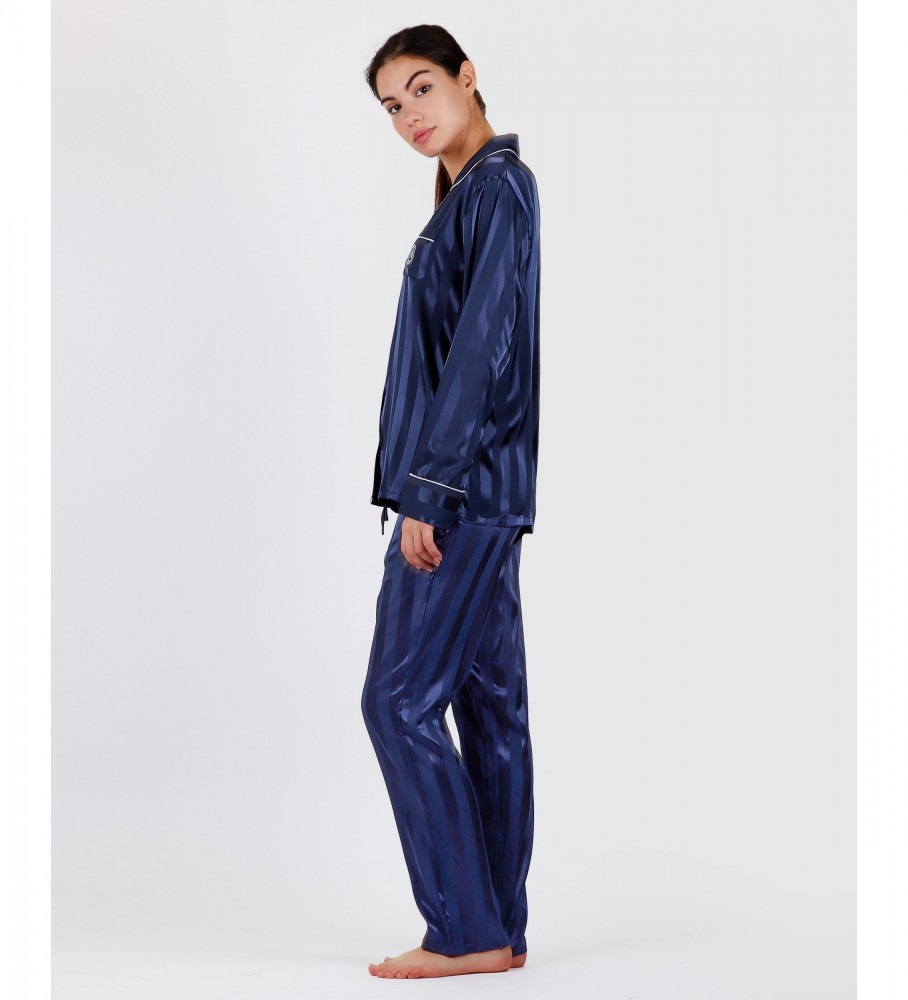 Pijama de noiva aberto Admas com listras de cetim azul
