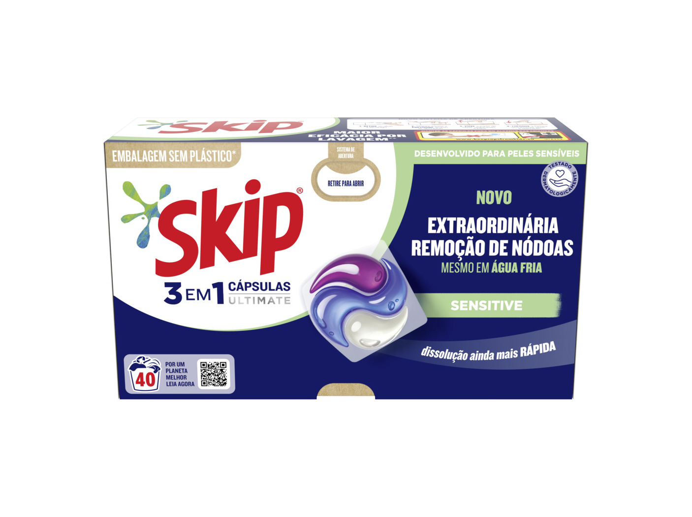 DETERGENTE ROUPA MÁQUINA CÁPSULAS SKIP ULTIMATE SENSITIVE EMBALAGEM CARTÃO 40DOSES