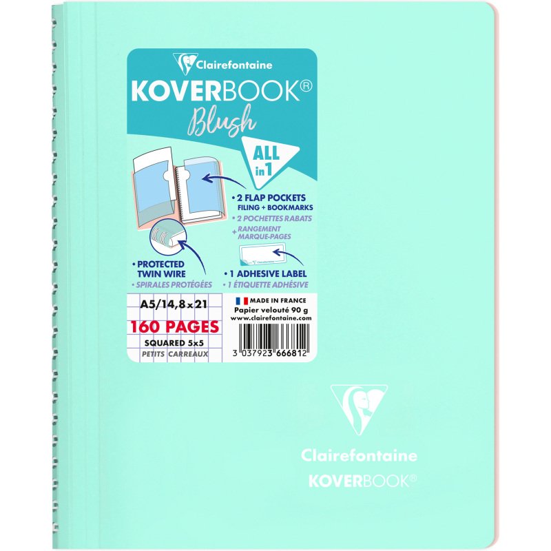 Cahier spirale Clairefontaine Koverbook Blush A5 14,8 x 21 cm petits carreaux 160 pages