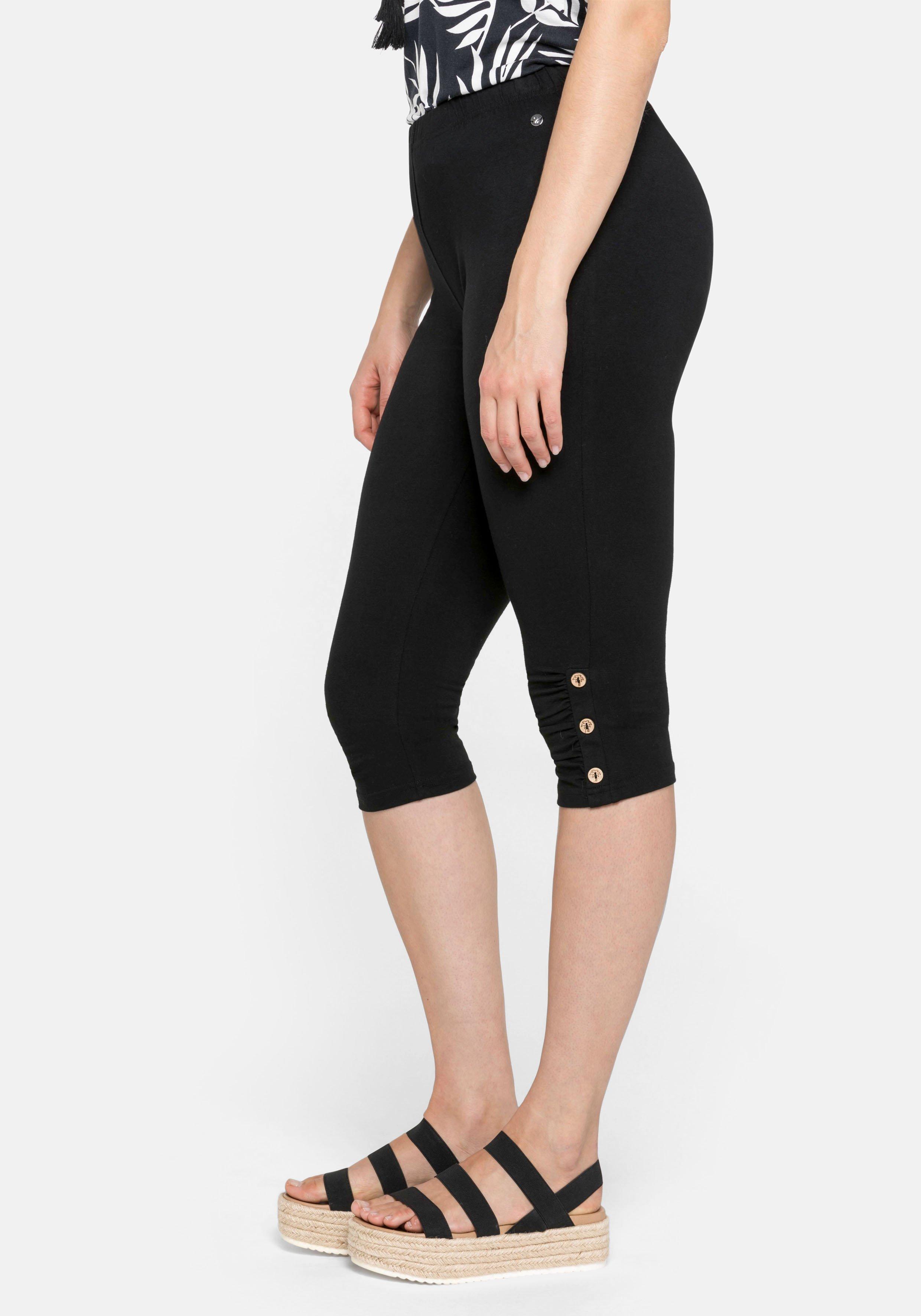 Caprileggings mit Raffung und Deko-Knöpfen am Saum