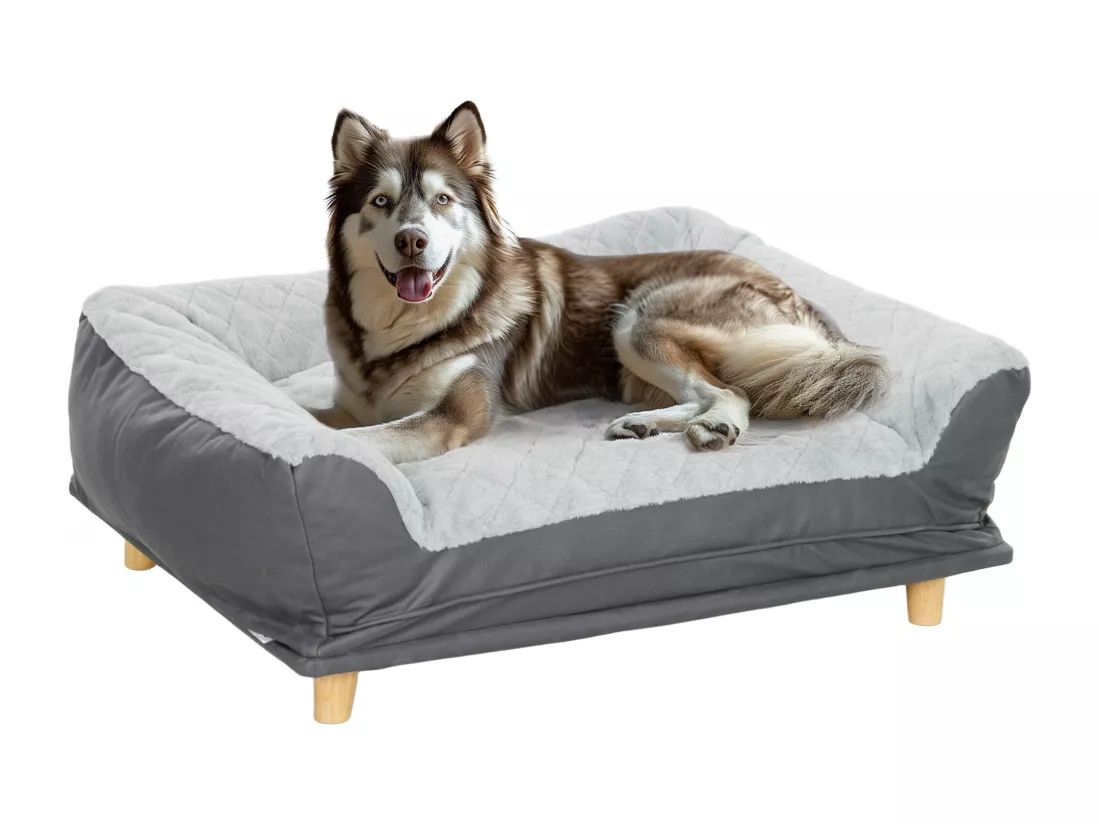 Canapé pour chien grande taille dim. 100L x 70l x 30H cm - housse zippée lavable - bois polyester gris