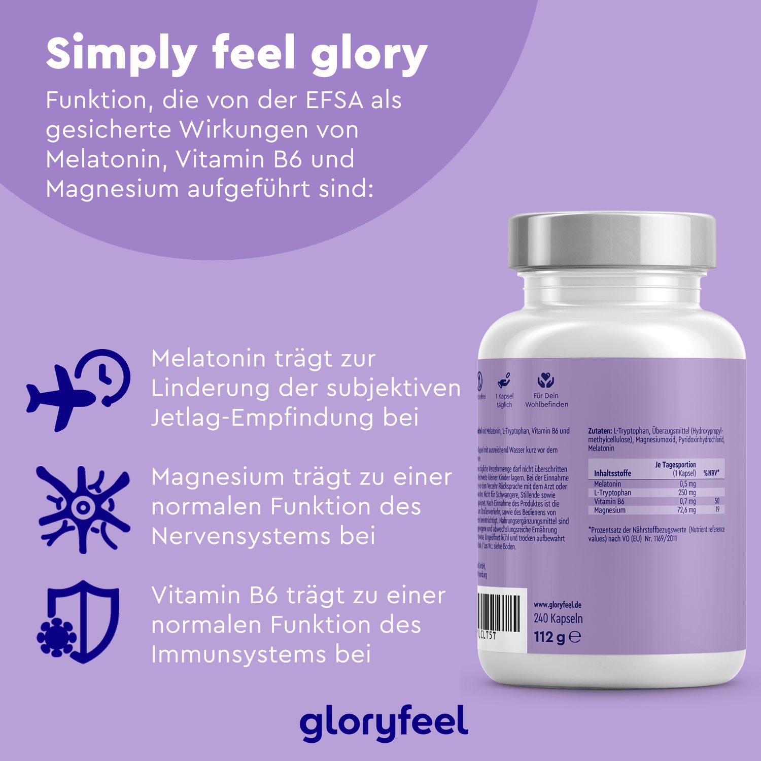gloryfeel® Melatonin +  L-Tryptophan, Vitamin B6 & Magnesium Kapseln