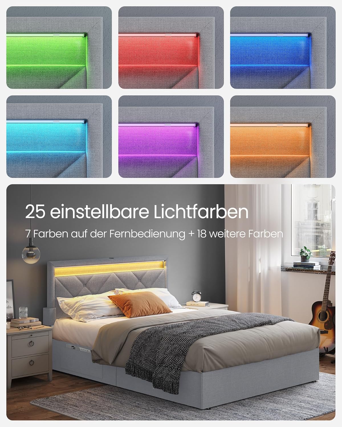 VASAGLE Bett 140 x 200 cm, Polsterbett, Doppelbettgestell, LED, Bettgestell, Metallbett, 4 Schubladen, Ladestation, verstellbares gepolstertes Kopfteil, hellgrau-Mattschwarz RMB827G01