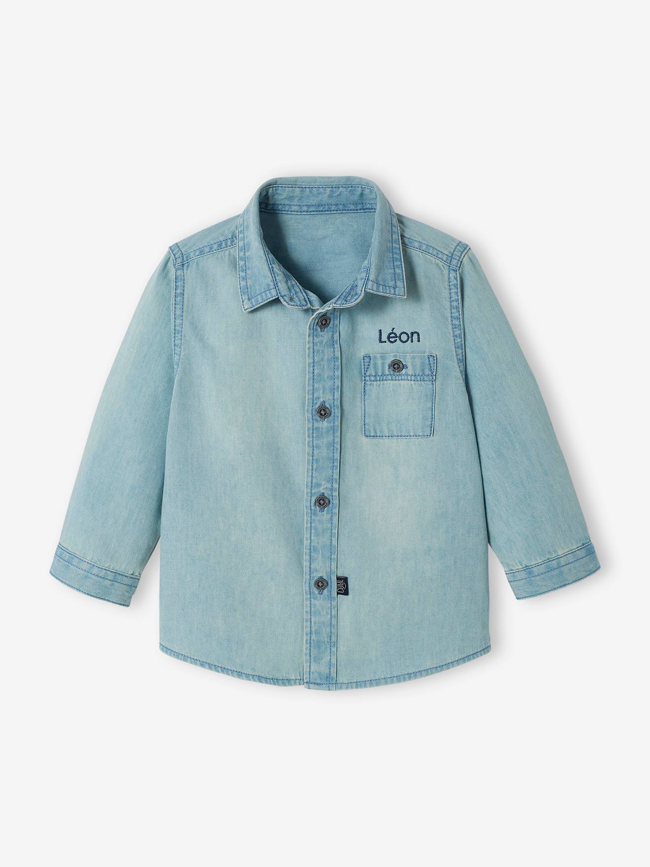 Camisa jeans personalizável para bebê menino, lavagem azul clara