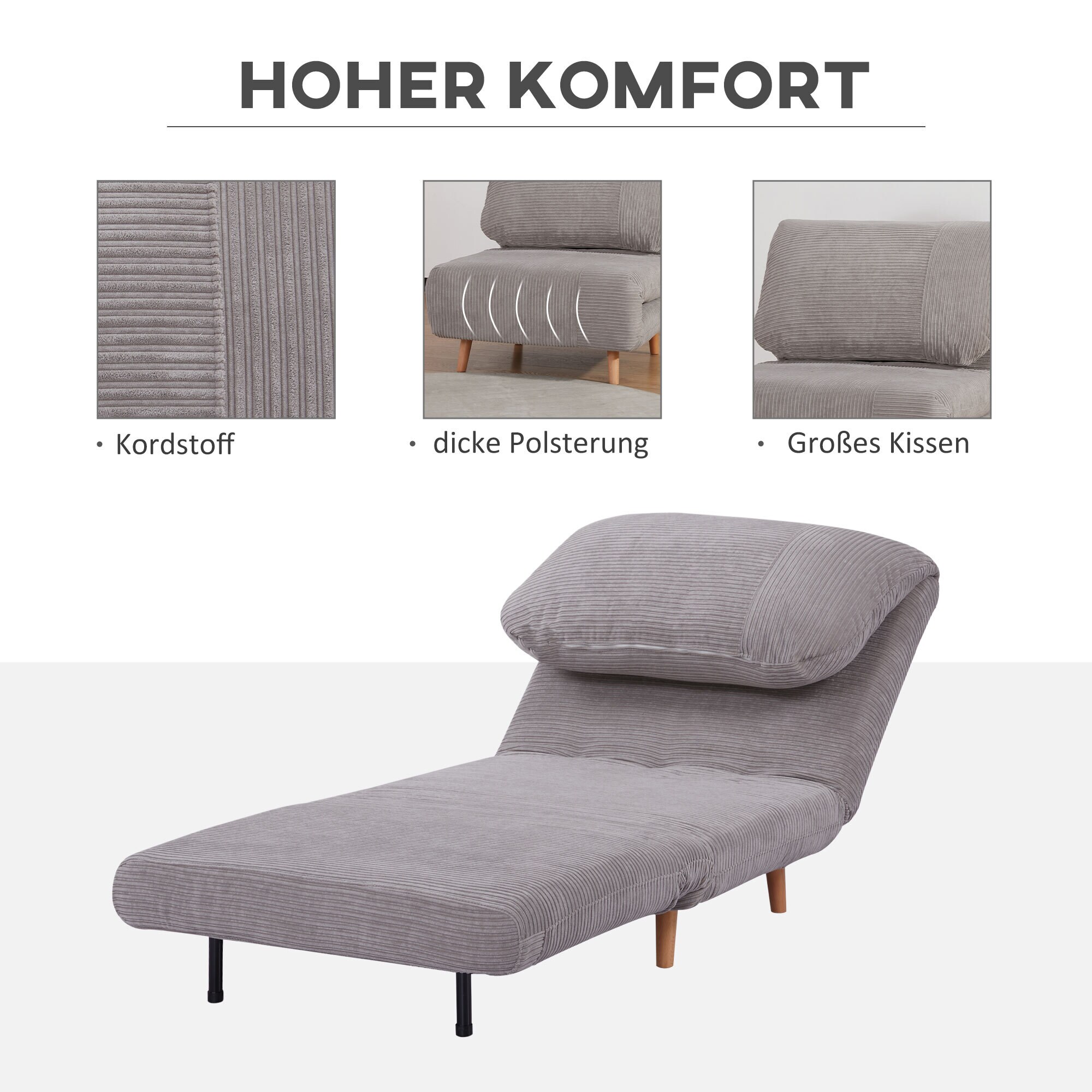 HOMCOM Schlafsofa mit Sitzkissen grau 82L x 89B x 83H cm