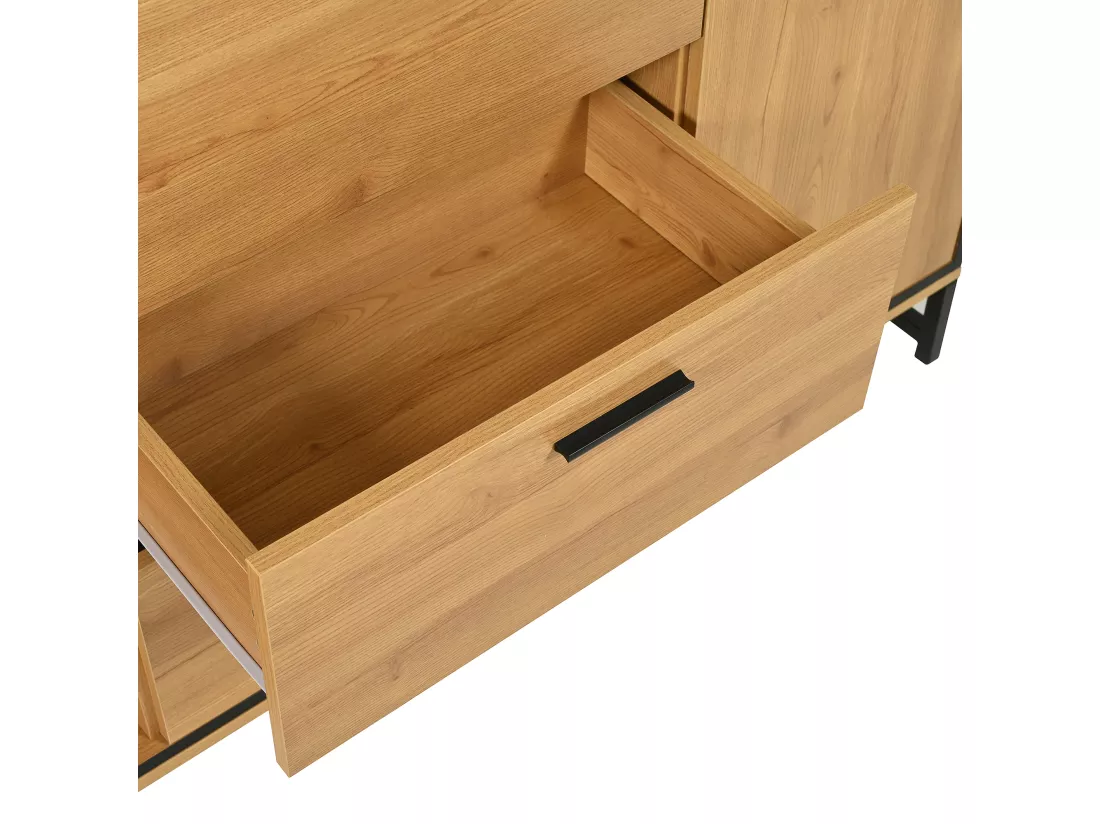 Buffet bas avec LED - 3 tiroirs & 2 portes & 3 étagères - Naturel