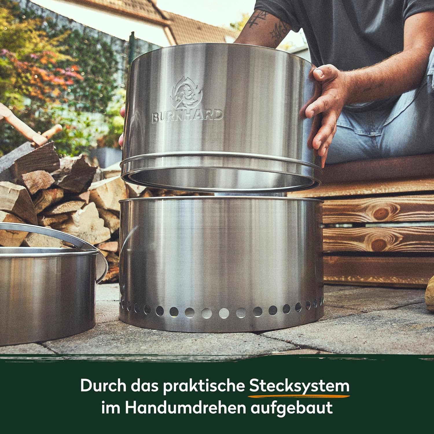 BURNHARD Feuerschale Edelstahl 36 cm, inkl. Aufbewahrungstasche, Feuertonne, Feuerkorb, raucharme Sekundär-Verbrennung, langlebig & mobil für Garten, Terrasse & Balkon