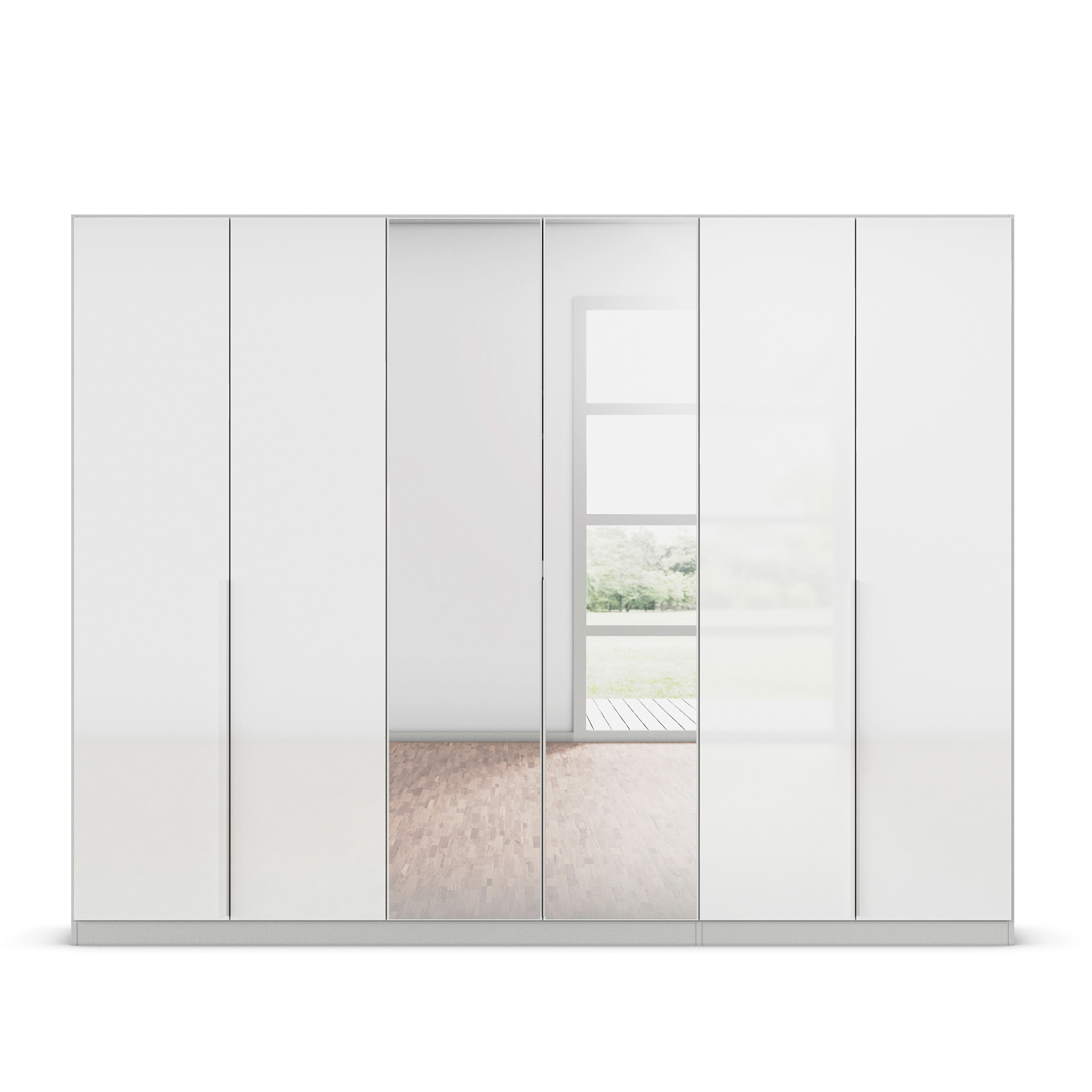 Drehtürenschrank - weiß Hochglanz-seidengrau - Kristallglasspiegel - 6-türig - 271x210 cm