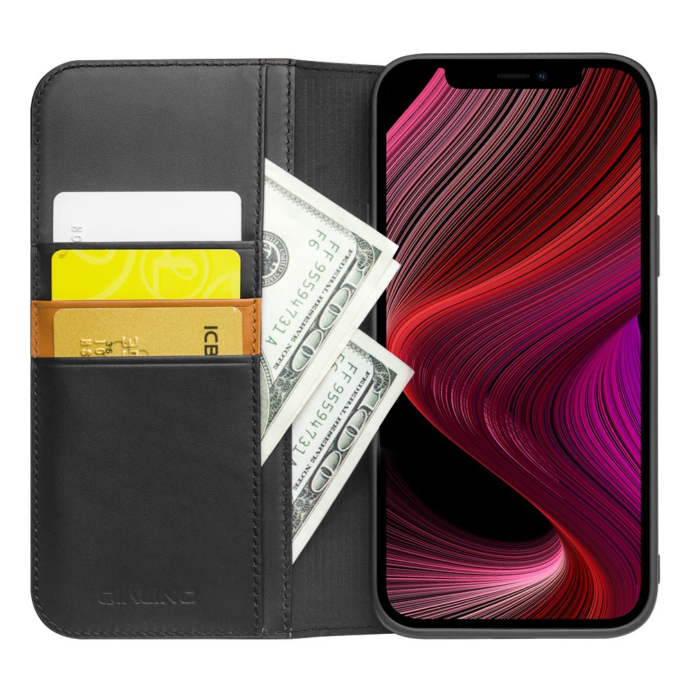 iPhone 13 Echtleder Tasche Flip Cover mit Kartenfächer - Schwarz (Matt)