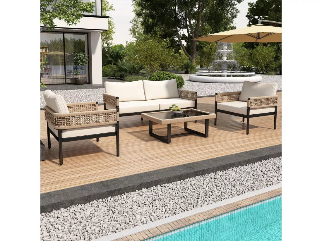 Salon de jardin en fer galvanisé: canapé 2 places + 2 fauteuils + table basse en verre, coussins beige, pieds réglables