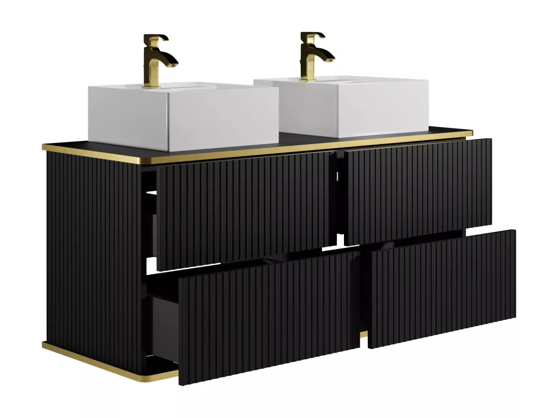 Meuble de salle de bain suspendu strié liseré doré avec double vasque à poser carrée - Noir - 120 cm - KELIZA