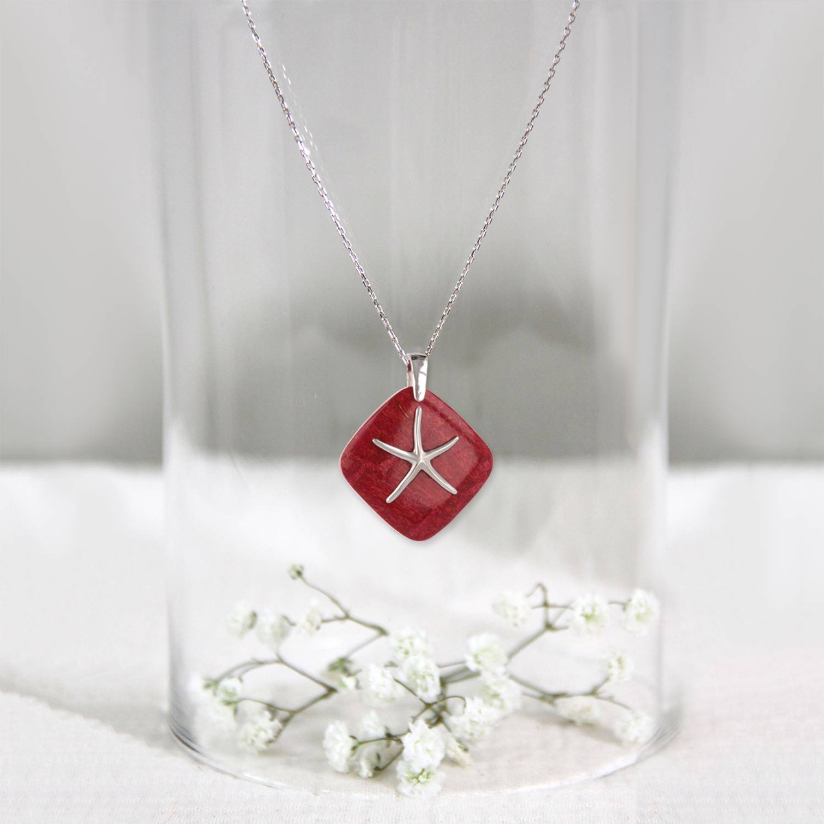 Pendentif Etoile de Mer corail rouge et argent 925-Millième rhodié