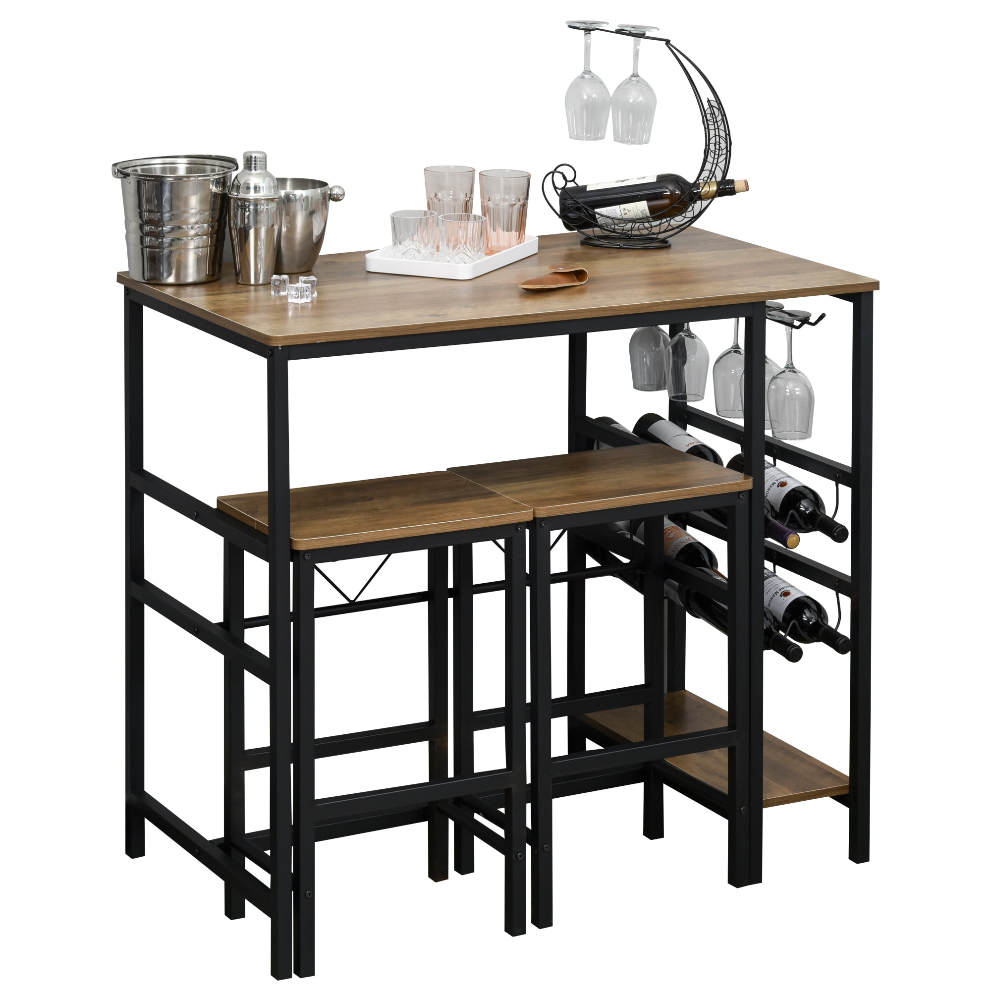 HOMCOM Bartisch-Set mit 2 Barhockern natur, schwarz