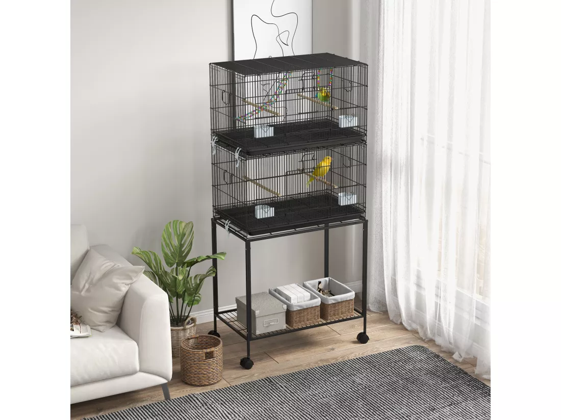 Double cage à oiseaux sur roulettes - étagère, plateau déjection, 4 perchoirs, 4 mangeoirs, poignée - dim. 77L x 46l x 164H cm acier noir