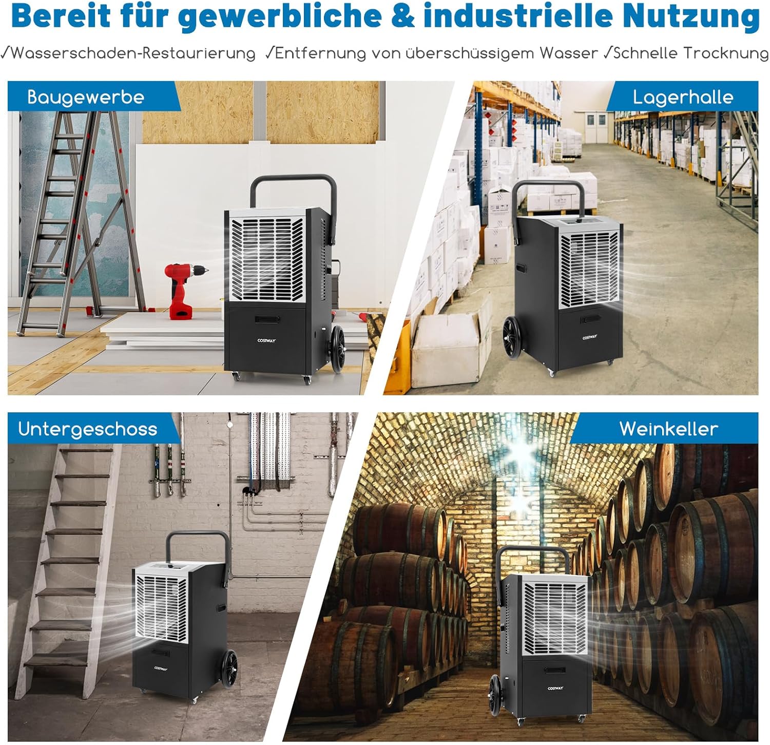 COSTWAY 66 L/Tag Luftentfeuchter, Bautrockner mit Pumpe & Ablaufschlauch, Industrie Trocknungsgerät mit 24H Timer & 4 Rädern für Keller, Lager, Baustelle (schwarz und weiß)