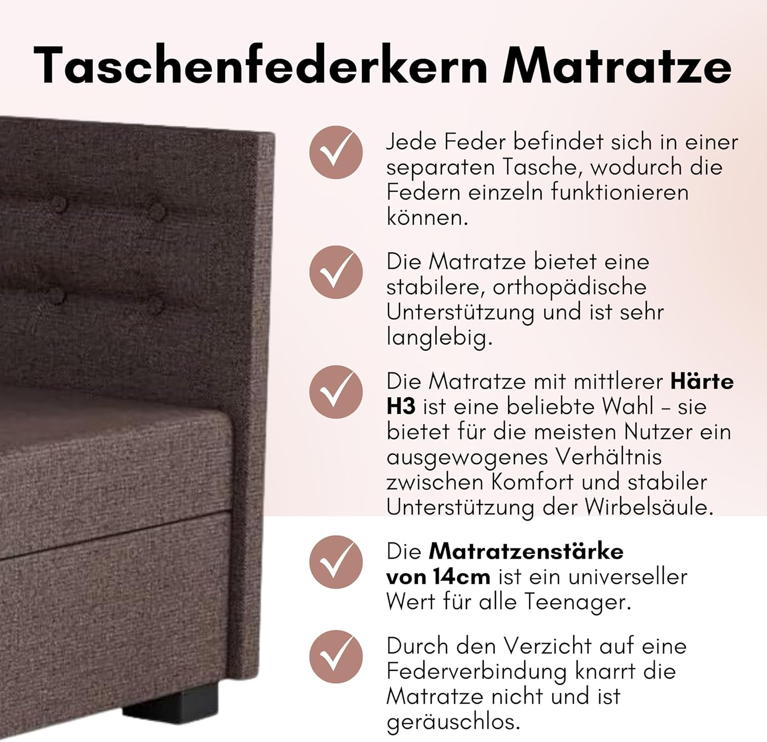Boxspringbett Olaf 80x200x42 cm mit Taschenfederkern Matratze, Bett mit Matratze, Polsterbett mit Bettkasten, Gepolstertes Einzel Bett, Schlafsofa - Braun
