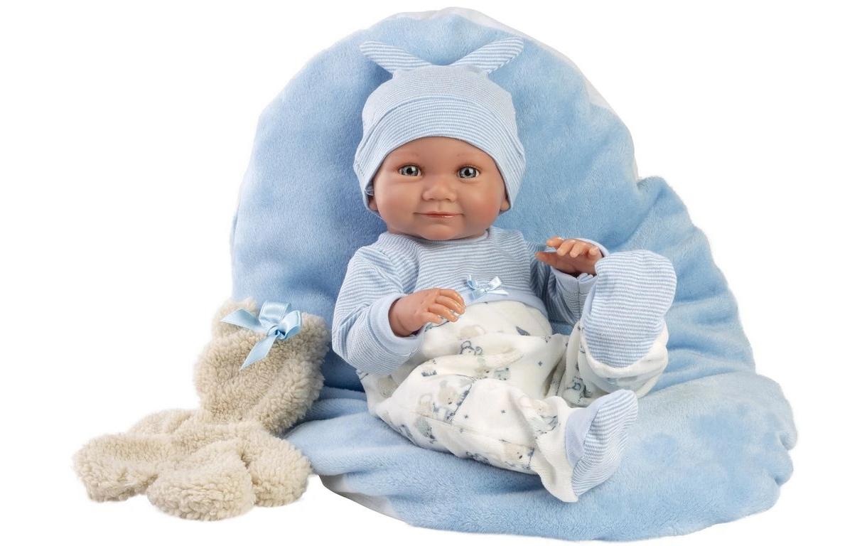 Babypuppe Nico mit Kissen Blau 40 cmNew Born Puppe mit weichem Stoffkörper