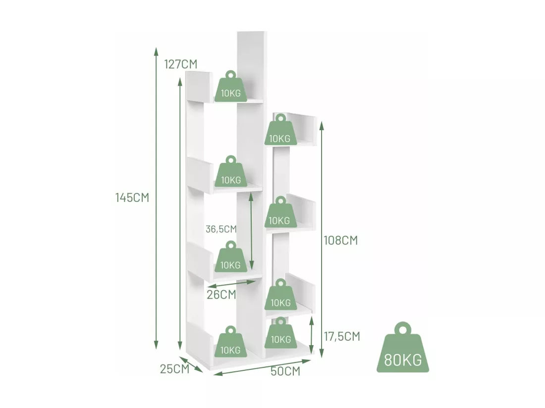 Bibliothèque, étagère de rangement à 8 niveaux en forme d'arbre, (blanc)