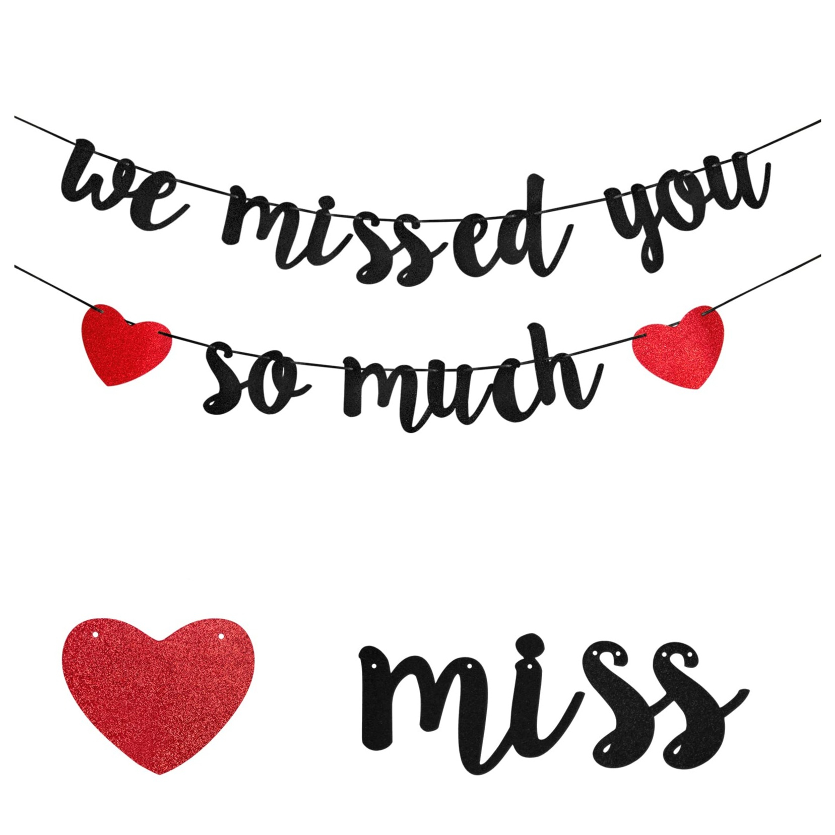 (150cm) We Missed You So Much Girlande Glitzer Party Dekoration Accessoire Banner - Schwarz / Rot