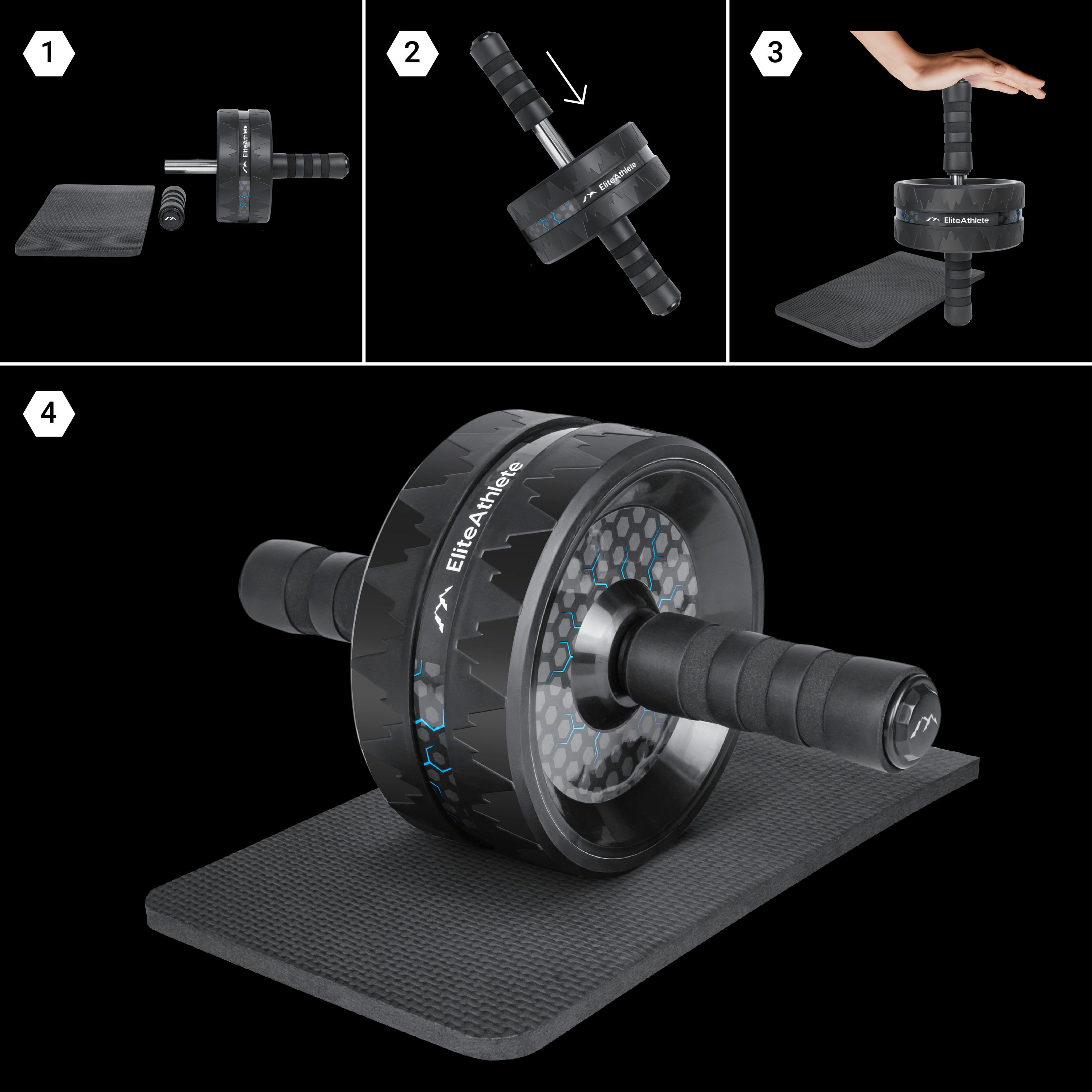 EliteAthlete® Bauchroller Bauchmuskeltrainer - AB Roller - Bauchtrainer für Zuhause - Bauch Weg - Abdominal Trainer - AB Wheel inkl. gepolsterter Kniematte - Blau