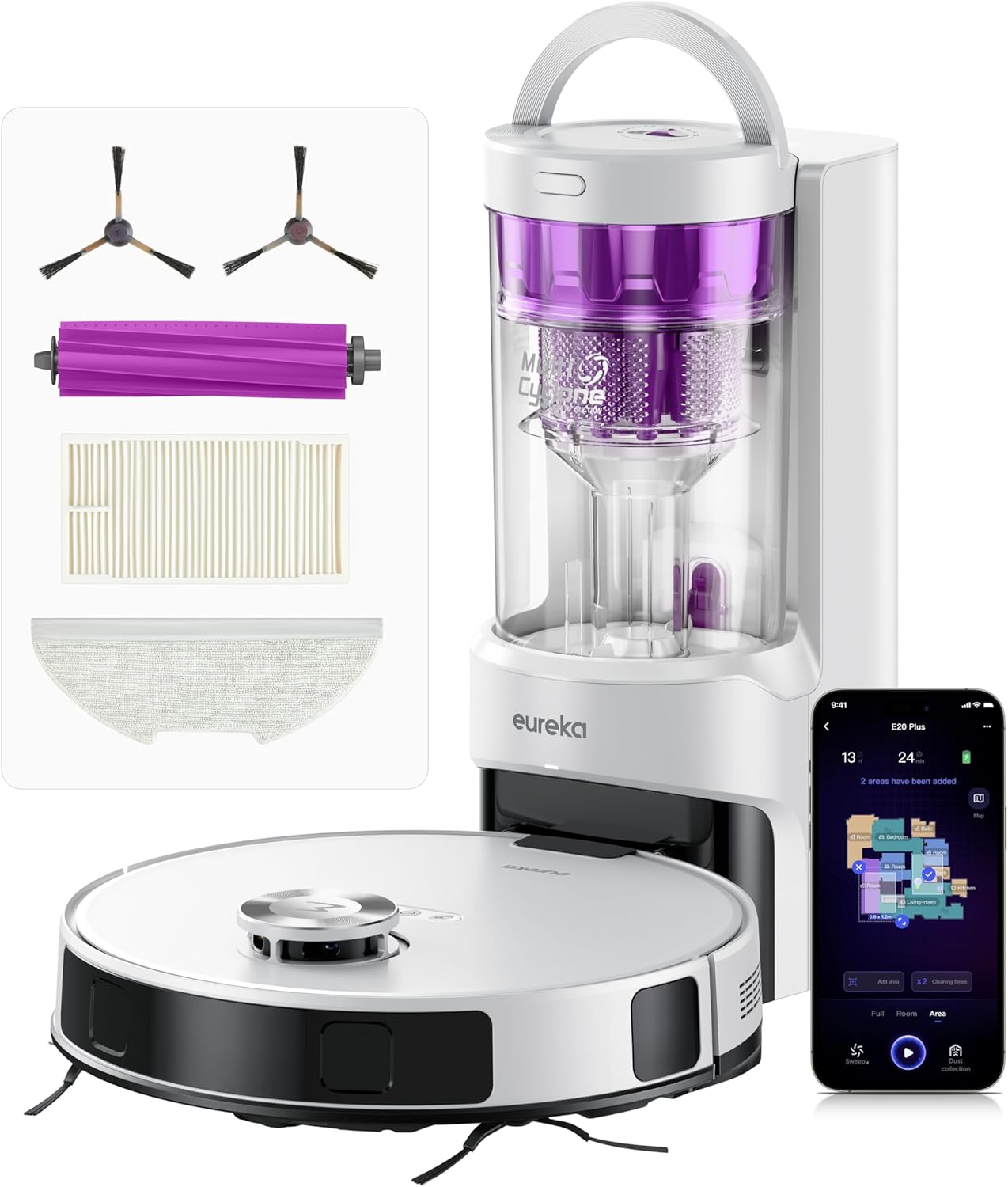 Eureka E20 Plus Saugroboter mit Absaugstation ohne Beutel, Staubsaugroboter 8000 Pa, Anti-Wickel, 180 Minuten Laufzeit, 3D Hindernisvermeidung, DuoDetect AI