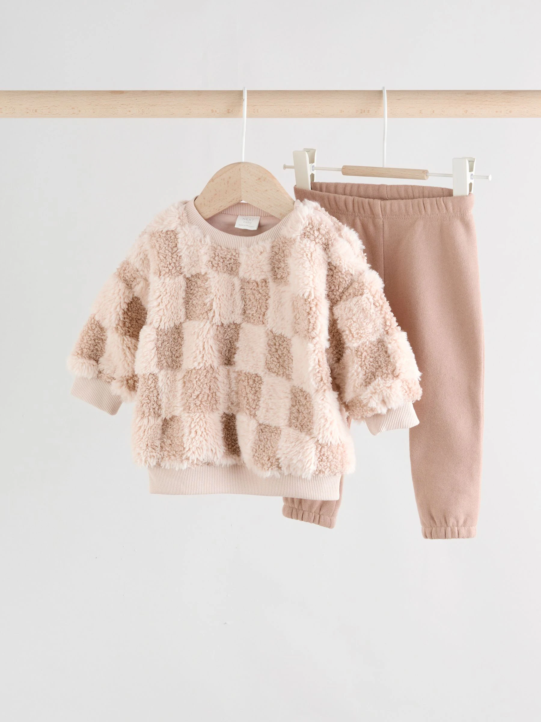 Neutraal met dambordmotief - Set van fleece top en joggingbroek voor baby's (0mnd -2jr)