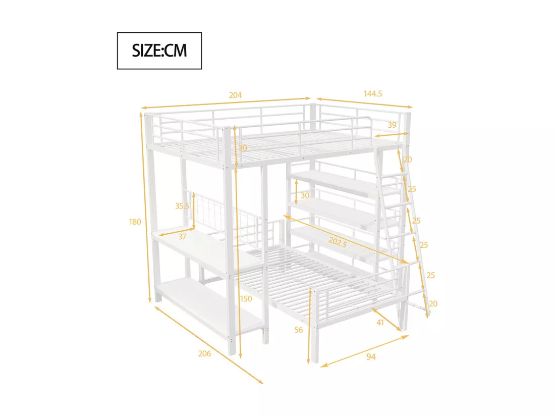 Lit superposé à cadre métallique 140x200 lit mezzanine lit multifonction avec plusieurs compartiments de rangement Blanc