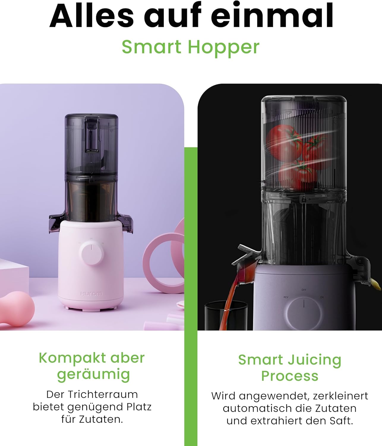 Hurom Slow Juicer H310 | Entsafter Gemüse und Obst | Leicht zu Reinigen & Leiser Motor Elektrischer Entsafter mit Siebfilter | 100 Watt | BPA Frei | Schlankes Design | 220ml | Lavendel
