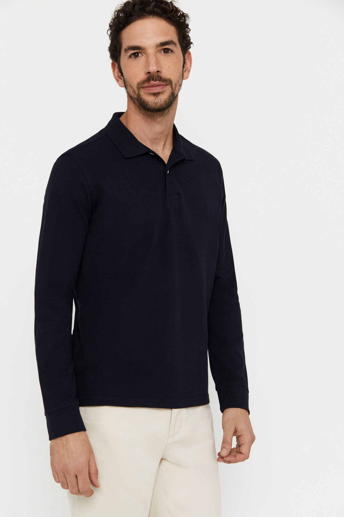Camisa polo básica de manga comprida - Azul marinho