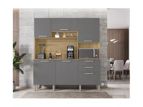 Buffet de Cuisine 6 Portes 2 Tiroirs Chêne et Gris L 180.2 H 198 P 38.8 cm