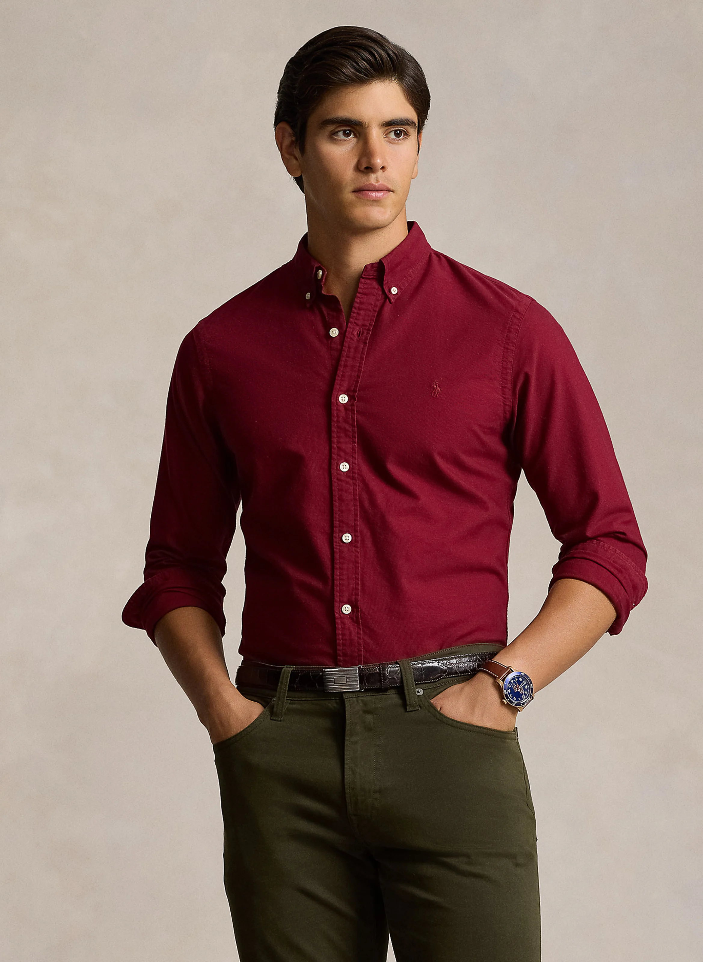 Chemise col boutonné slim fit en coton | Rouge