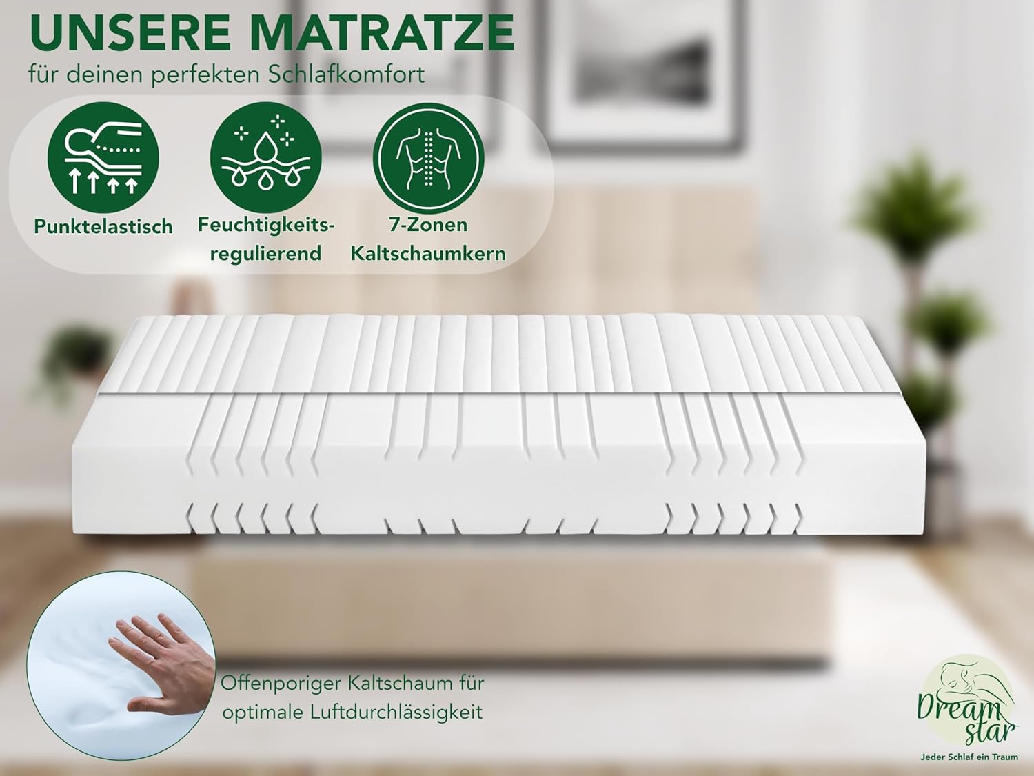 DREAMSTAR Kaltschaummatratze Vital Silber XXL 24 cm hoch| Ergonomische 7-Zonen Matratze aus Kaltschaum |Härtegrad 2 (H2) Öko-Tex Zertifiziert | Hypoallergen & Antibakteriell | 90 x 200 cm
