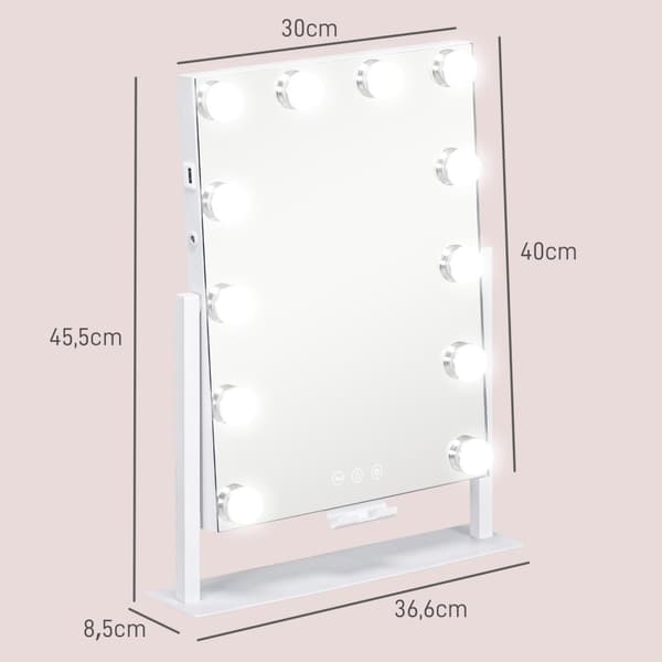 Hollywood-speil med belysning, 12 LED, 37 x 46 cm, 3 lysfarger, 10X forstørrelse, 360° roterbar, USB-ladeport, hvit