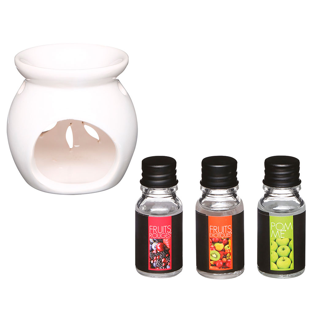 Brûle parfum et 3 huiles parfumées fruitées 8.5x8x7.5cm
