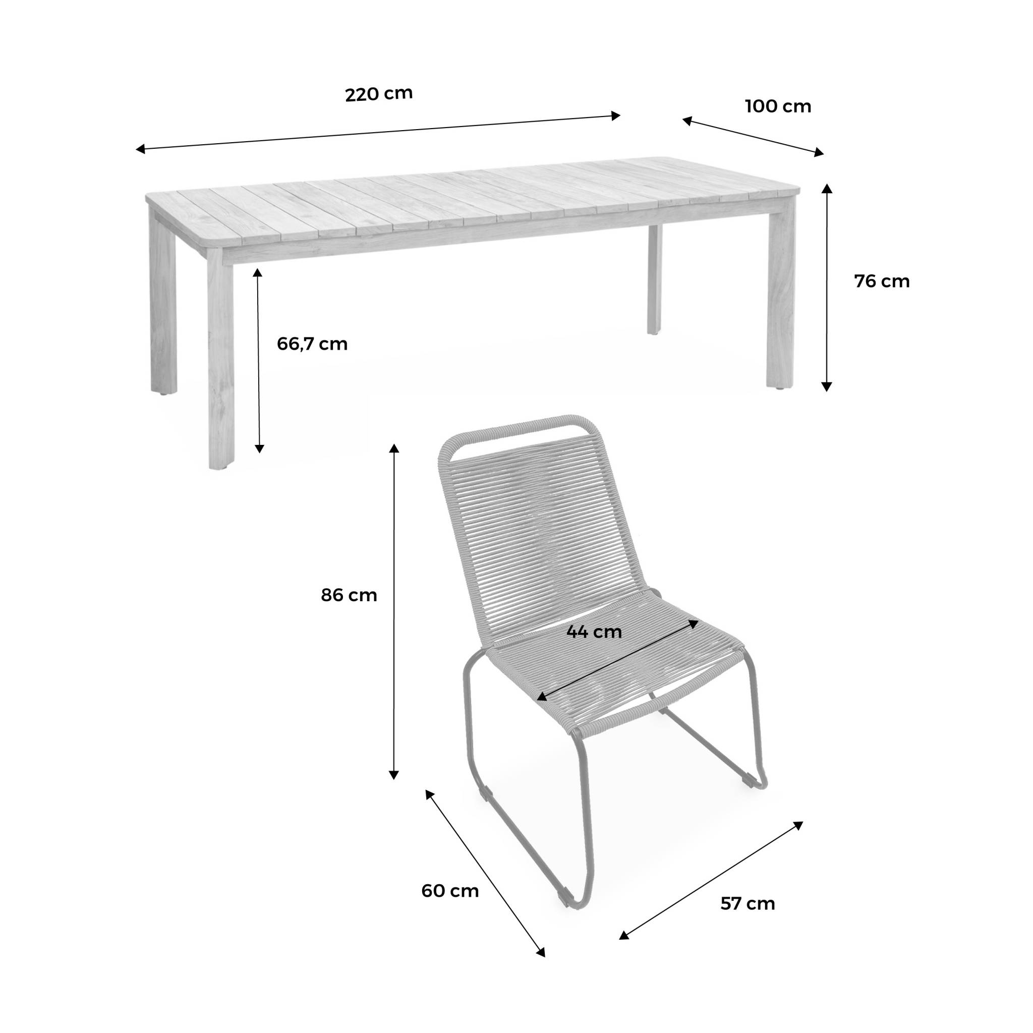 Table intérieur/extérieur 8 places en teck recyclé. Jayapura. 220x100x76cm + 8 chaises en corde brasilia beige . Empilables