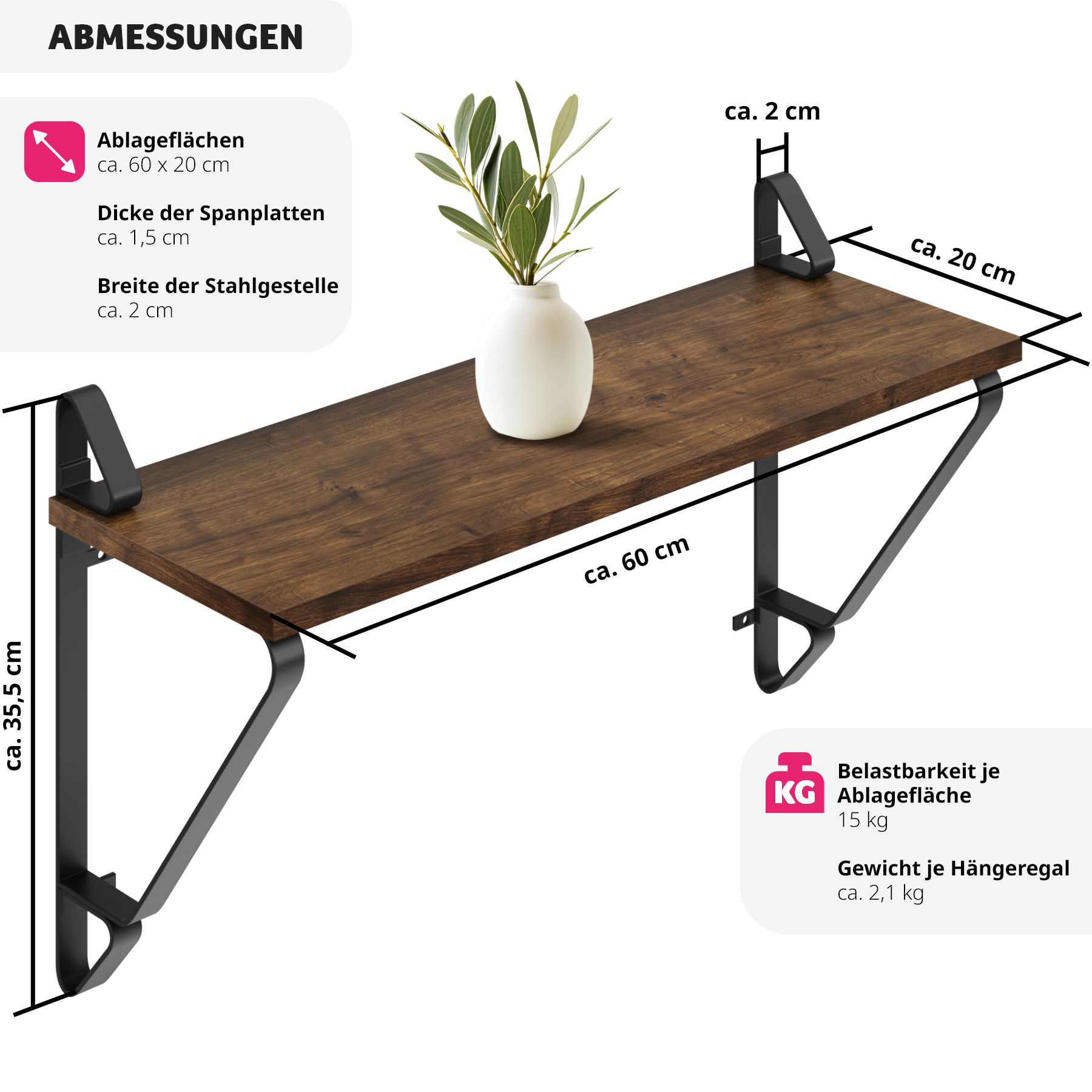 tectake® 2er Set Wandregal, Industrial Style, Belastbarkeit je Regal 15 kg, 60 x 20 x 33,5 cm