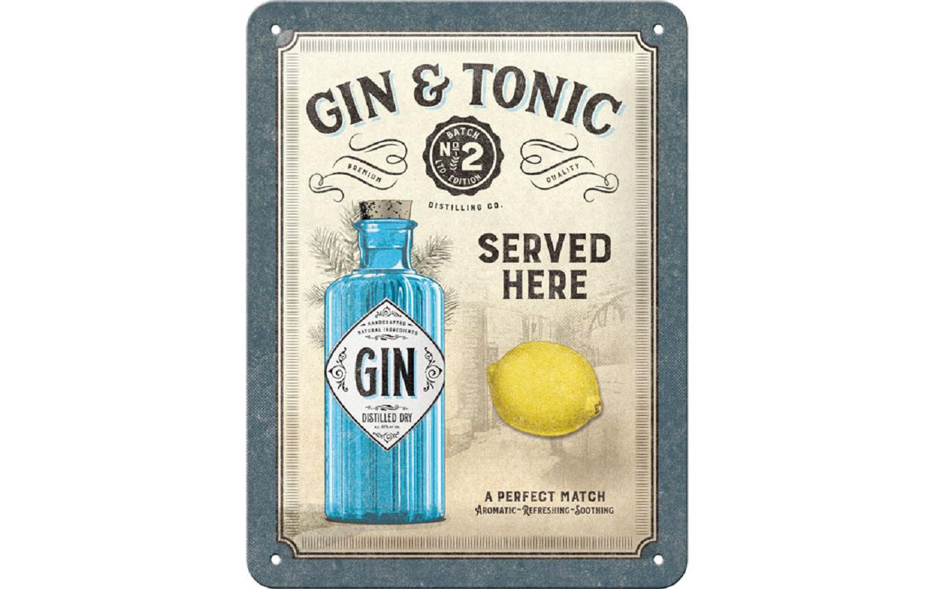 Schild Gin & Tonic Served Here 15 x 20 cm, MetallBlechschild mit Aufschrift