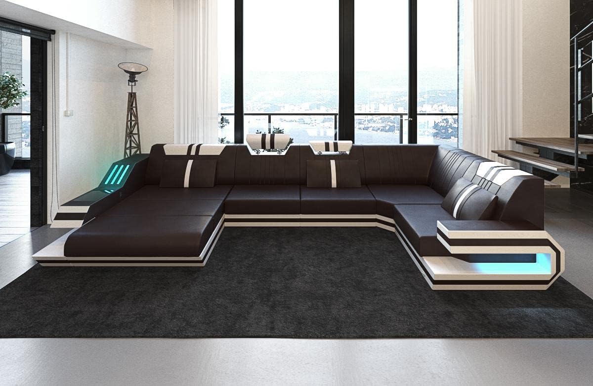 Wohnlandschaft Ravenna Sofa U Form Ledersofa - mit LED Beleuchtung, verstellbare Kopfstützen, Recamiere/Lederfarben wählbar/Ausrichtung wählbar (Ottomane Links, Braun-Weiß)