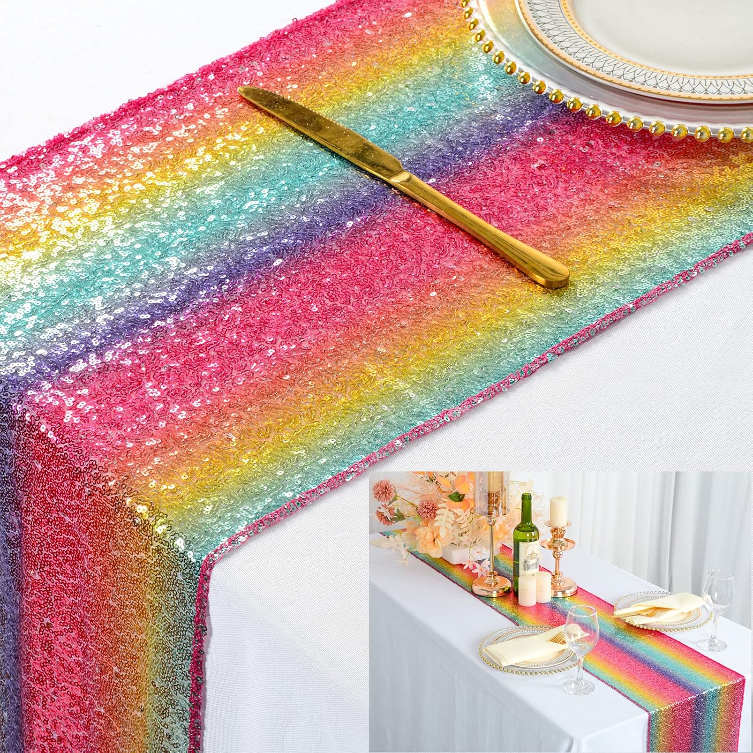 (180x30cm) Pailletten Tischläufer Party Deko Glitzer Tischtuch - Regenbogen