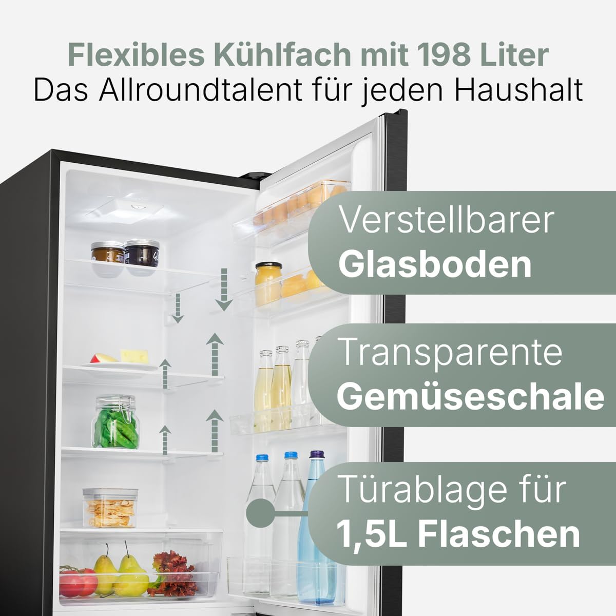 Bomann Kühlschrank mit Gefrierfach | Energieklasse D | 180cm | Kühl Gefrierkombination leise 39 dB | 4 Ablagen & 3 Schubladen | Türanschlag wechselbar | 269L Kühlgefrierkombi | KG 184.1 schwarz