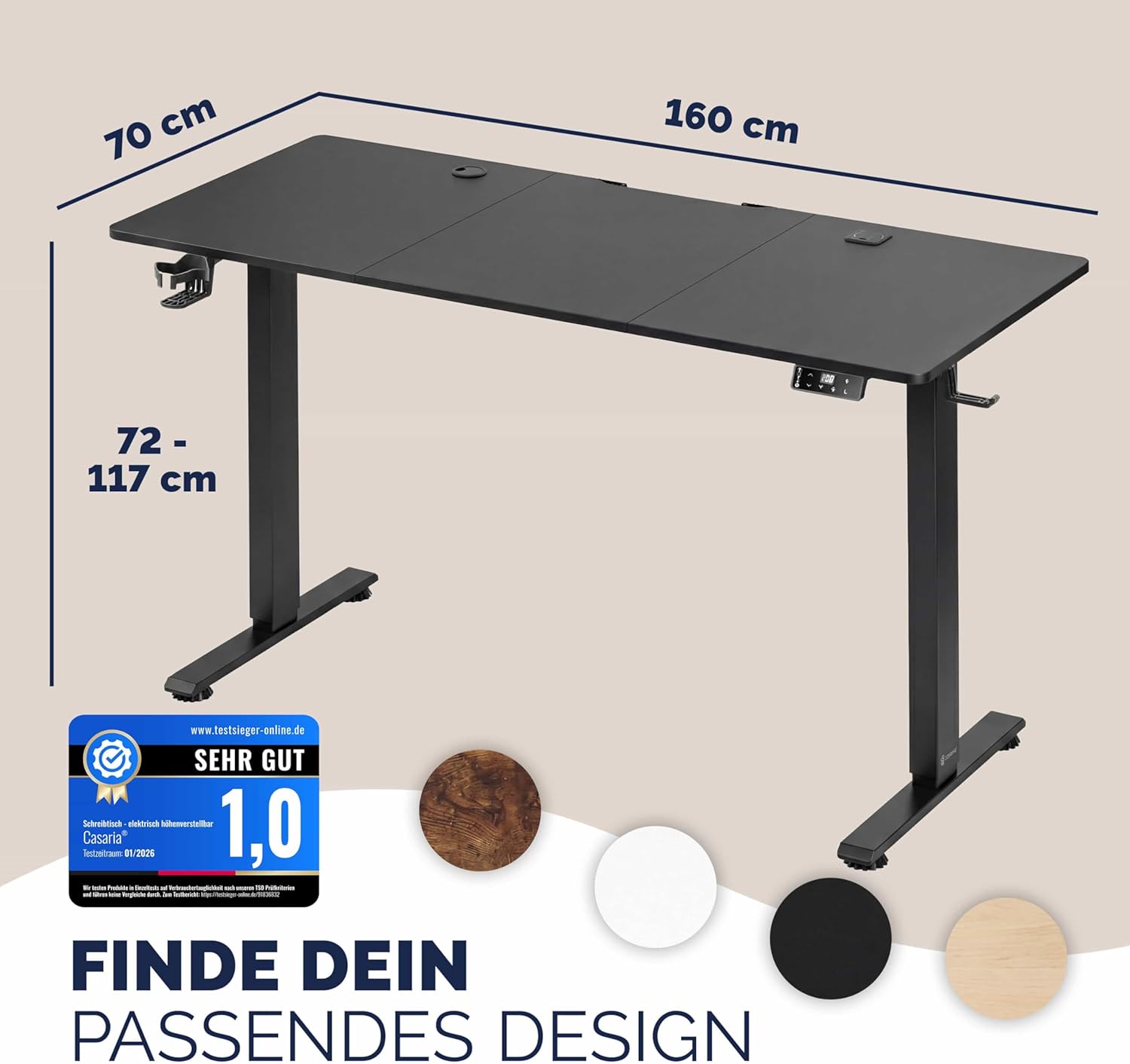 Casaria® Höhenverstellbarer Schreibtisch elektrisch 160 x 70 cm mit Wireless Charger & USB-C/A Anschluss LCD-Display Memory-Funktion 80 kg belastbar ergonomisch Schwarz