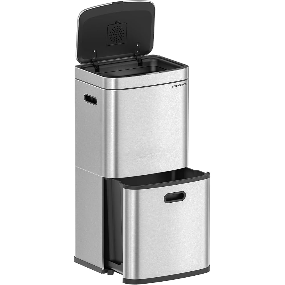 SONGMICS Poubelle de Cuisine, Poubelle à 3 Compartiments, 2 x 10 L et 30 L, Acier, Gain de place, Seaux intérieurs, Filtre à Charbon, 39,5 x 29,8 x 80,2 cm, Argent Métallique LTB551E50 : Cuisine et Maison